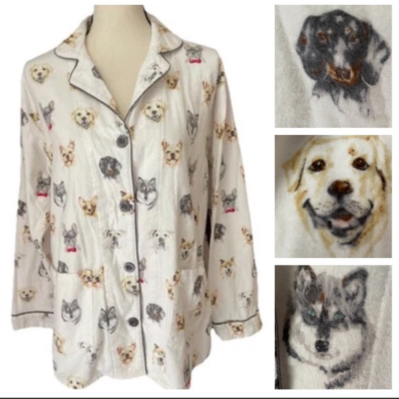 PJ SALVAGE Soft Flannel Pajama Husky dachshund Dogs Button Up Shirt 100 COTTON M - Picture 1 of 11
